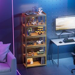 67.5" Curio Display Cabinet with Doors, 5-Tier Bamboo Showcase Storage Cabinet Shelf Collectibles Toy Display Case for Living Room, Natural