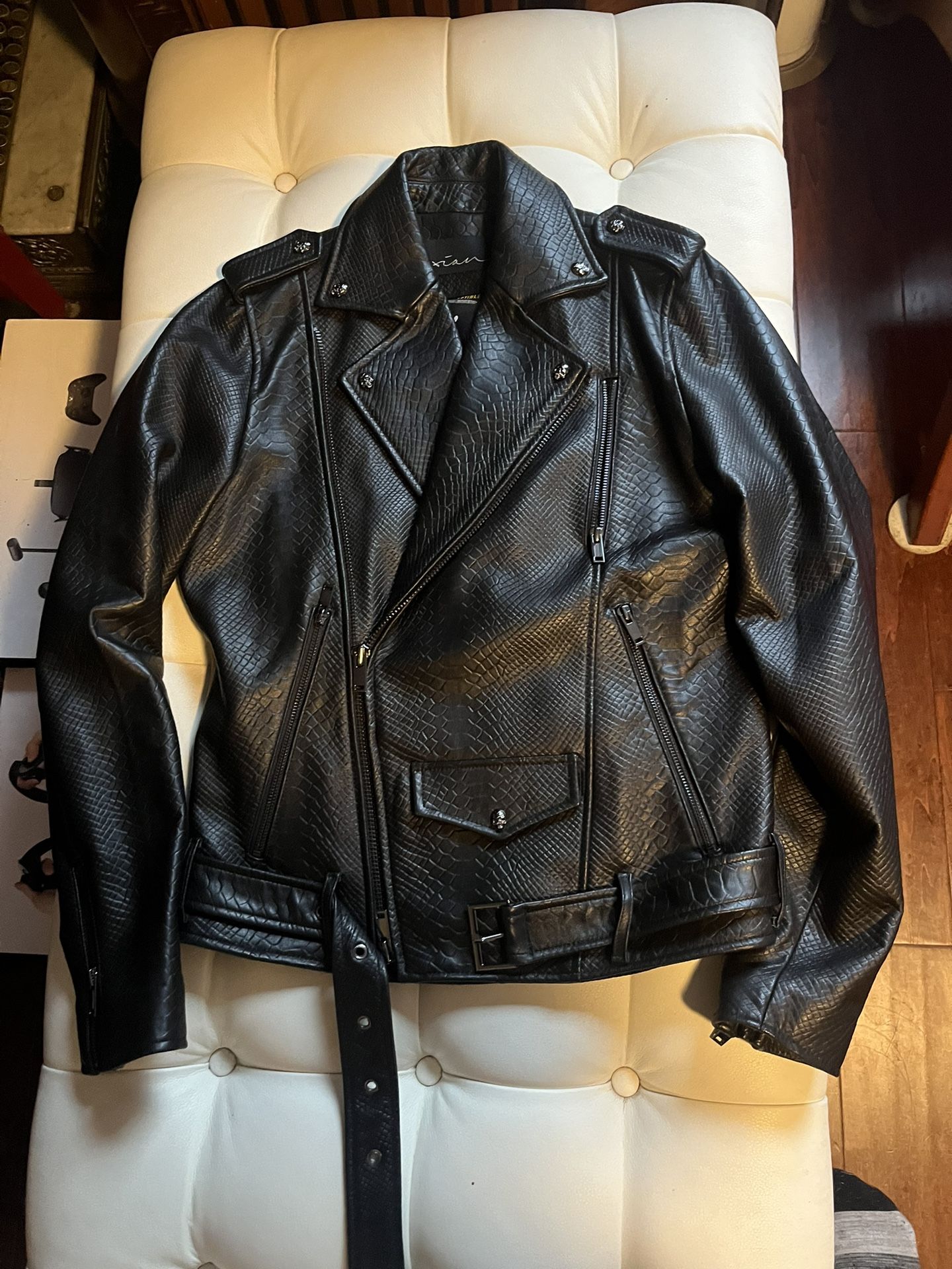 Men’s XIAN Designer Black Leather Motorcycle Style Jacket Sz. S