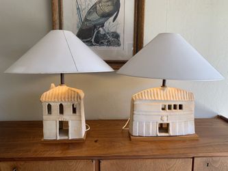 Authentic Vintage Southwestern Adobe Mesa Houses Pair Of Table Lamps