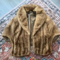 Vintage Real Mink Fur Stole / Wrap - Honey Brown "Autumn Haze" - Monogrammed - Pockets