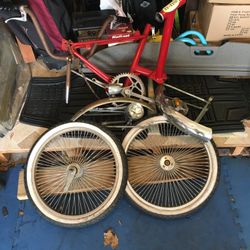 VTG SCHWINN FOLDING BIKE PARTS 72 Spoke 20” Wheels VTG Tail Light And Headlights With Good Lenses, KENDA TIRES EVEN SEEM TO BE HOLDING AIR