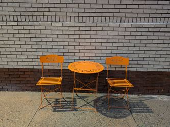 Orange Metal Folding Bistro Patio Set – Table + 2 Chairs