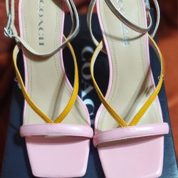 Coach Kali Flower Pink / Orange / Champagne  Leather Upper Sandal Heel, Women