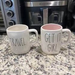 Rae Dunn TRAVEL & Get it Girl Mugs Black Script By Magenta Artisan Collection $5 Each Must pick up