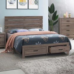 Brantford Brown Barrel Oak Wood Frame Queen Storage Platform Bed & Nightstand
