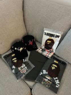 CT galaxy barbas hat, 31 x el mago hat, Burberry white and black a bathing ape, all black essentials shirt