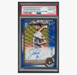 2022 Bowman Chrome Draft Picks Blue Wave Jacob Misiorowski PROSPECT AUTO /150 #CDA-JMI PSA 10