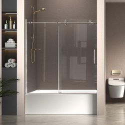 60 in. W x 60 in. H Sliding Frameless Tub Door in Brushed Nickel Finish with Clear Glass