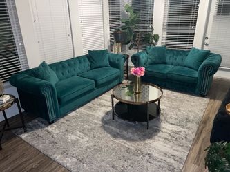 Complete Teal Velvet Living Room Set with Tables, Rug & Décor