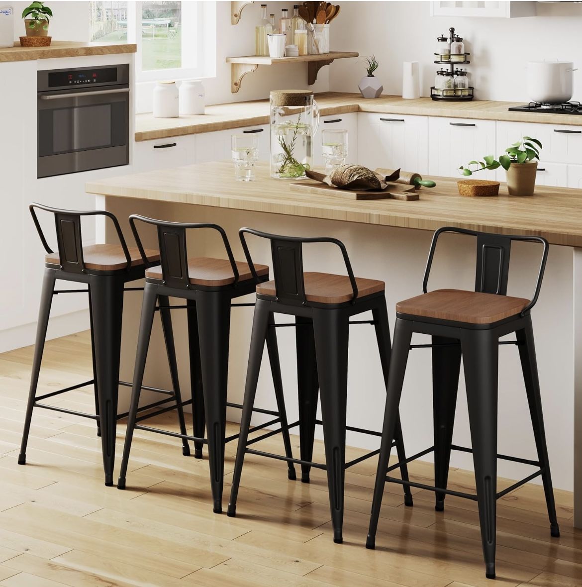 Home 26" Low Back Metal Counter Stool Height Bar Stools with Wooden Seat [Set of 4] Barstools, Matte Black