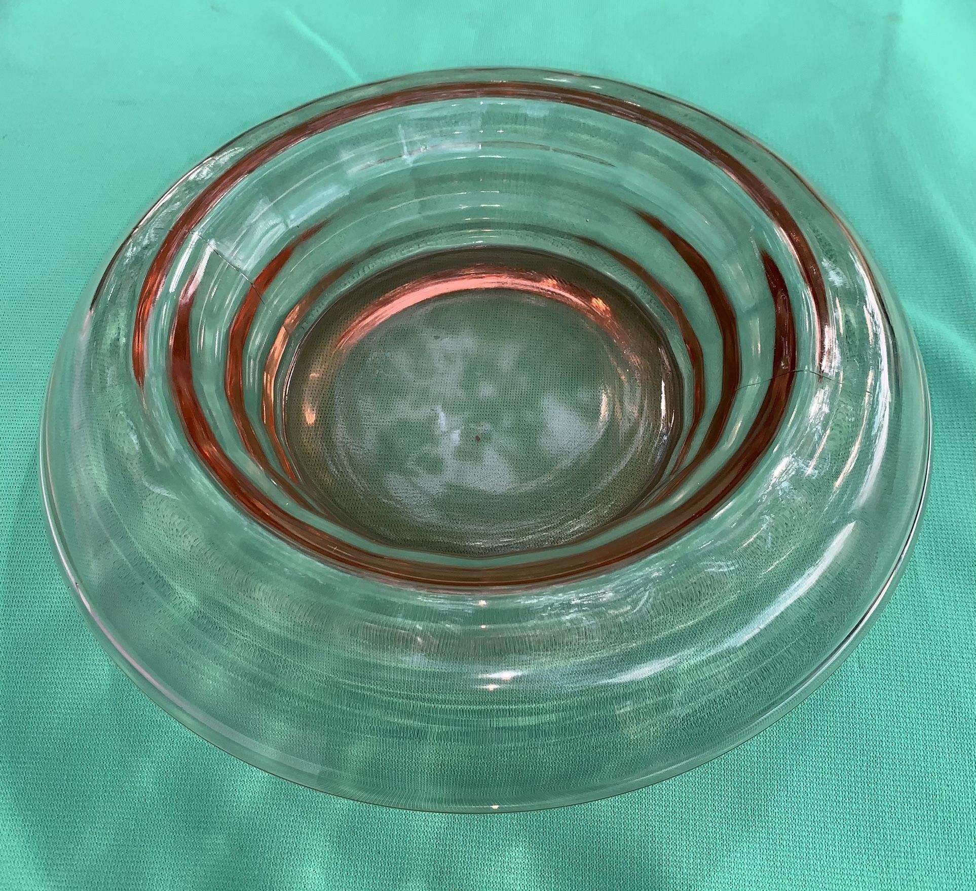 Vintage Pink Depression Glass Rolled Edge Console Bowl 10.5” Wide, Maker Unknown