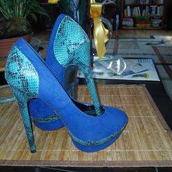 Blue Suede And Snakeskin Print Heels