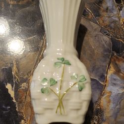 Miniature 4” Belleek Irish Porcelain Shamrock Basket Weave Vase