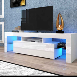 Modern White TV Stand, 20 Colors LED TV Stand w/Remote Control Lights