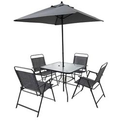Assembled New Outdoor 6 Piece Patio Dining Set with Umbrella,Outdoor Table and Chairs with 4 Folding Dining Chairs & Square Glass Table