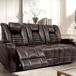 Brand New Super Plush Brown Leather Power Reclining Sofa & Loveseat 