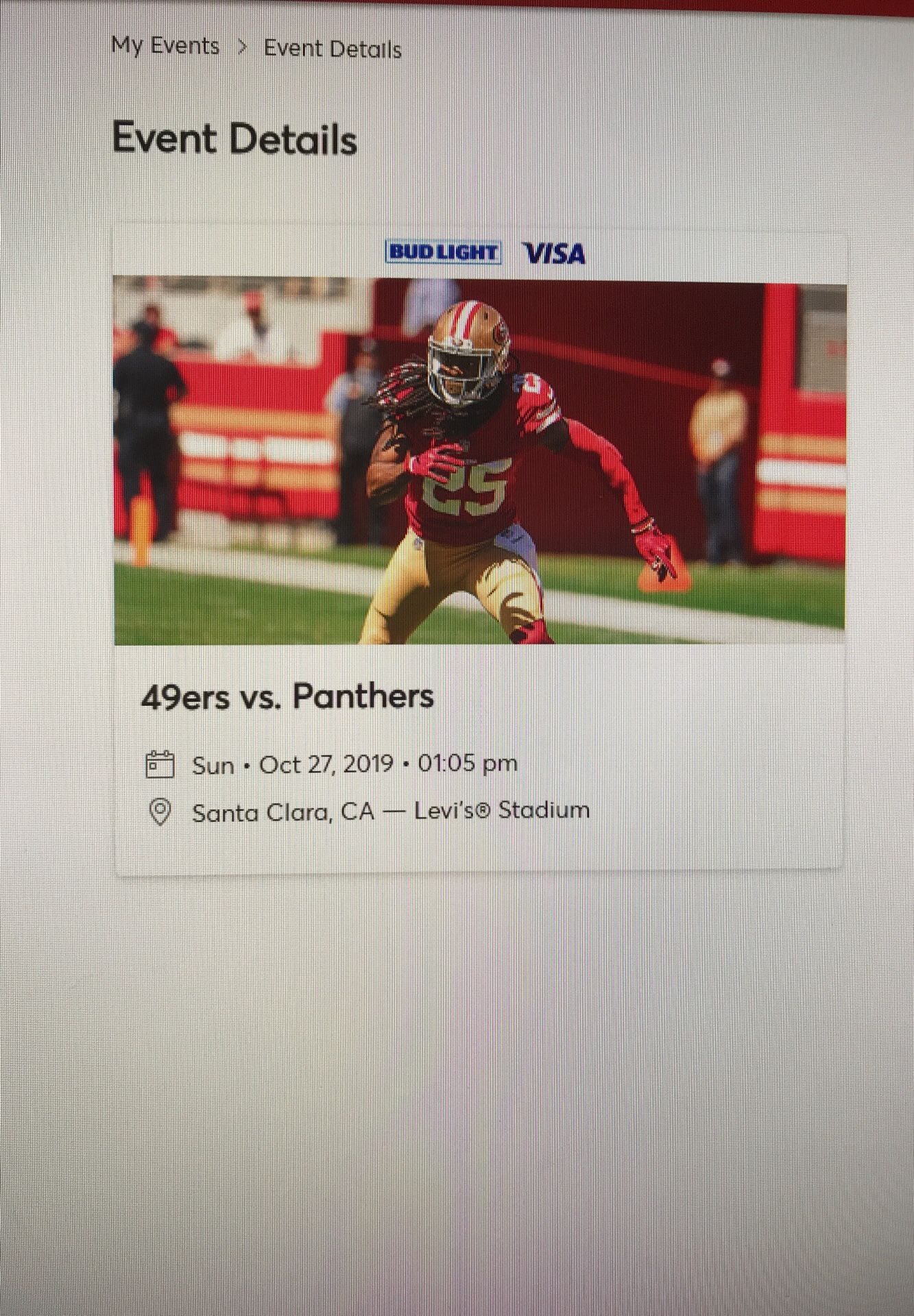 49ers vs. Panthers, 4 tickets, Sunday 10/27 at 1:05pm