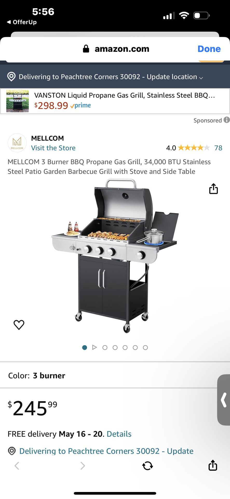3 Burner BBQ Propane Gas Grill, 34,000 BTU Stainless Steel Patio Garden Barbecue Grill with Stove and Side Table