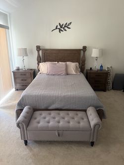 Queen bed frame and mattress with Tufted Storage Bench