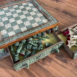 Vintage Chess Set W Drawers