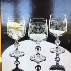 Set Of 6 Etched Bohemia Czech “Cascade” Goblets-340 ml. Fine Lead Crystal. Never Used. In Original Box.
