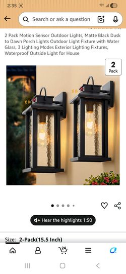 2 Pack Motion Sensor Outdoor Lights, Matte Black Dusk to Dawn Porch Lights Outdoor Light Fixture with Water Glass, 3 Lighting Modes Exterior Lighting 