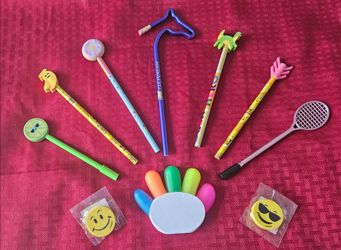 Fun  pens pencils  markers  erasers.