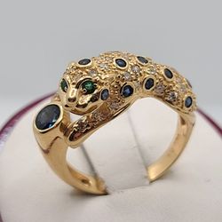 14k Gold Diamond Sapphire And Emerald Jaguar Ring