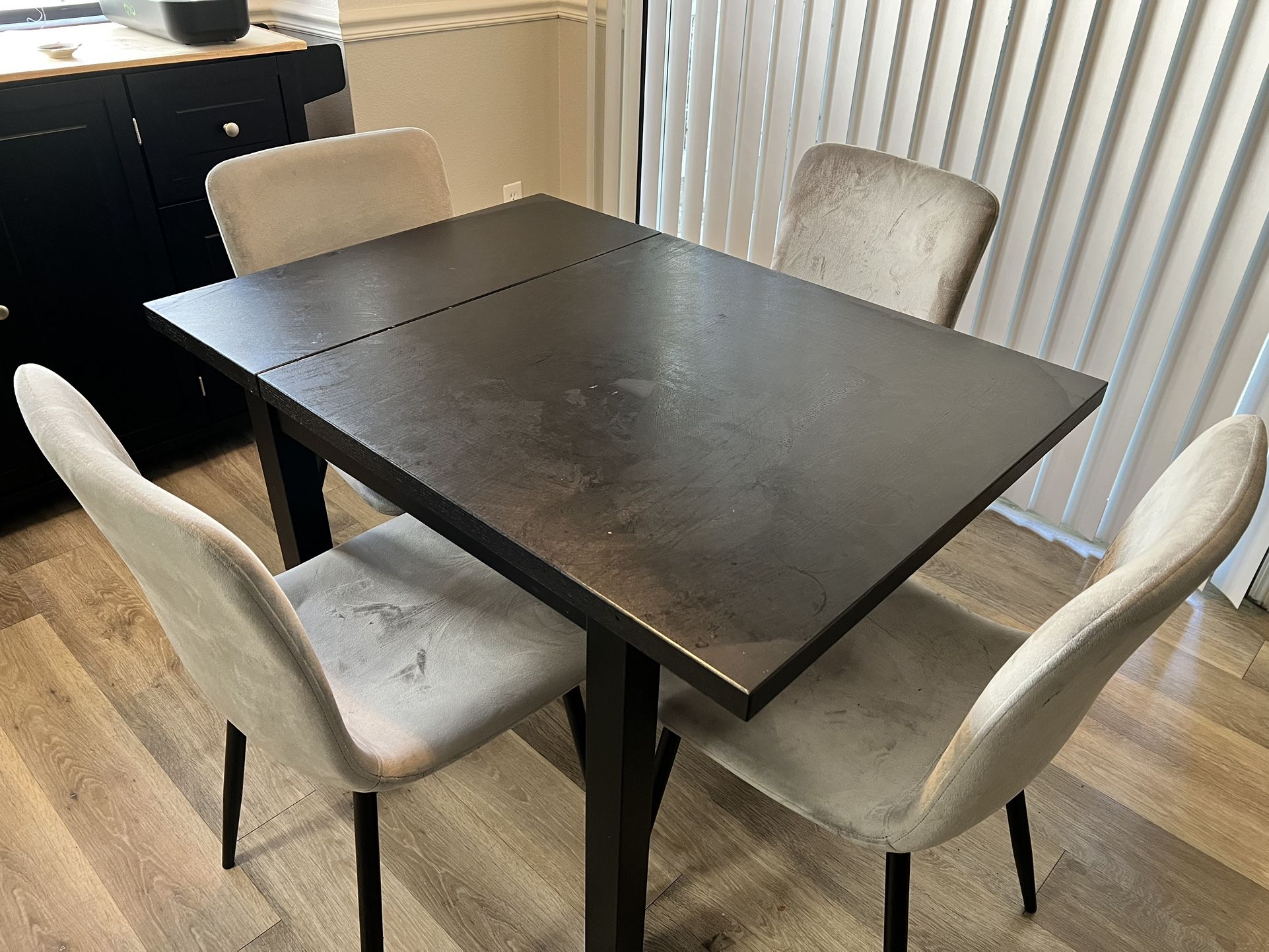 IKEA Black Kitchen Table With Foldable Leaf And 4 Grey Velvet Chairs ...