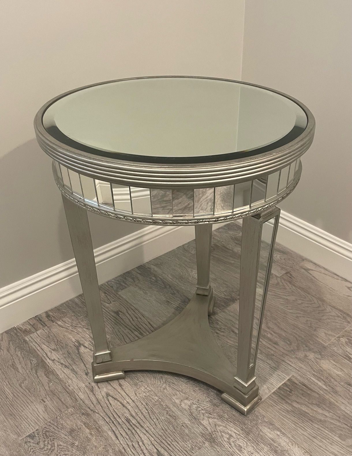 Horchow Mirrored Round Side Accent End Table, Silver