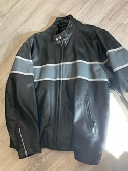 Black Leather Motorcycle Jacket with Gray Stripes