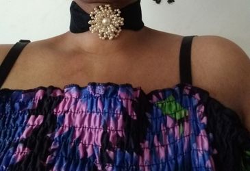 Artisan Gothic Glam Black Choker Necklace - Faux Pearl Flower Cluster