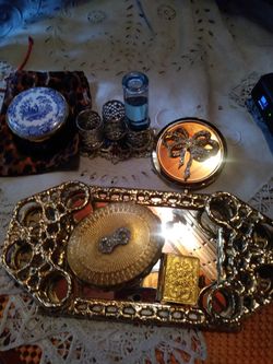 All vintage items small vanity mirror , compact, mirror, lipstic holder trinket bpx, perfume book