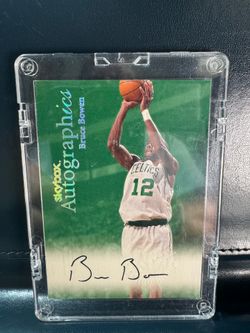 1999 SkyBox Autographics basketball card featuring Bruce Bowen in his Boston Celtics uniform.