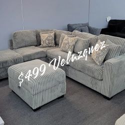 ✅️✅️3 pc smoke grey wide welt corduroy fabric sectional sofa with USB plugs square arms with chaise and storage ottoman✅️(only 2 Pillows Included)