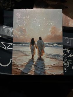 Two Figures Walking on Beach Canvas Painting