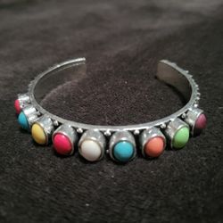 Brand New Silver Tone Cuff Bracelet With Multicolored Turquoise Bezel Stones! Beautiful Braclet. Never Worn Stone color red, turquoise, white Etc