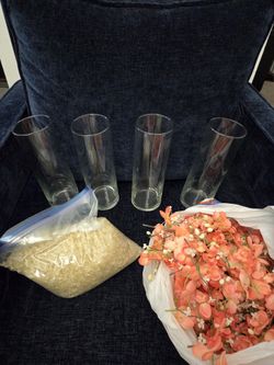 4 Glass Vases, glass rocks, and fake flowers