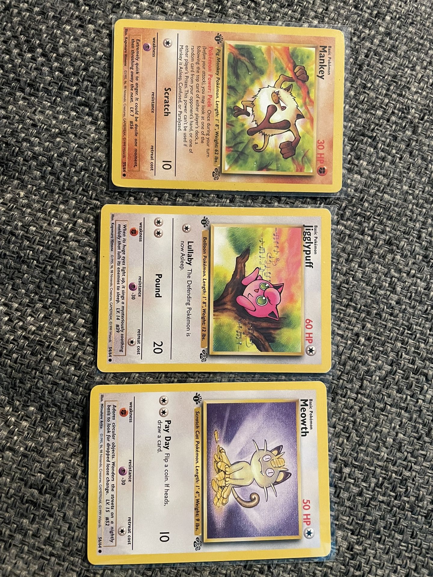 Pokemon Cards TCG Meowth Jungle 56/64, Mankey 55/64, Jigglypuff 54/64