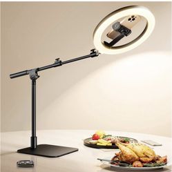 Ring Light with Stand for Desk,Adjustable Overhead Phone Mount with 10" Ring Light Tripod for iPhone,Phone Tripod with Light and Remote Phones Holder 