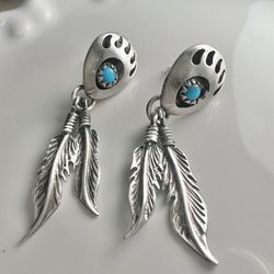Sterling Silver Bear Paw Earrings Turquoise Feather Dangles Southwestern