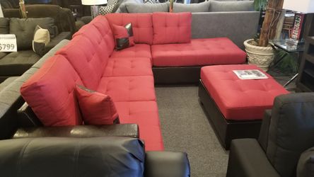 Brand New 112" x 85" Red Linen Reversible Sectional + Ottoman