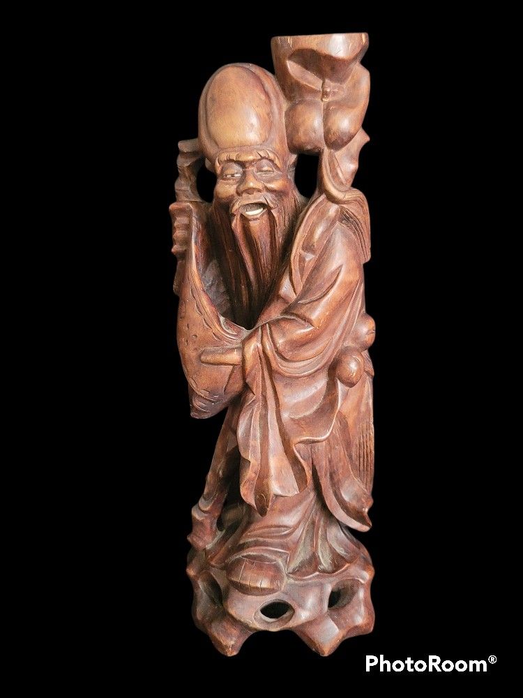 Vintage Chinese Hand Carved Old Wise Man with Cane and Scroll Statue Wood