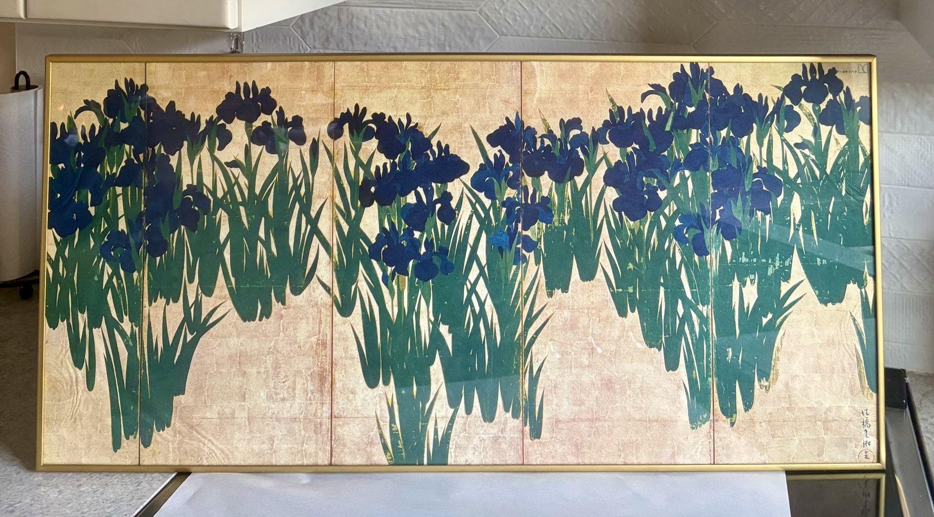 Framed Folding Screen Reproduction Painting Of “Irises” By Ogata Kōrin