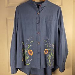 VTG Women's XL Blue Floral Blouse High Collar Long RollUp Sleeves ButtonUp Art 