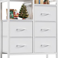 Dresser for Bedroom, Nightstand with 2-Tier Open Shelf and 5 Fabric Drawers Closets (White)