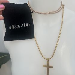 Mens Womens Stainless Steel Gold Color  Figaro Chain Necklace Cross Pendant 