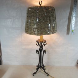 Vintage Solid Brass Heavy Mid Century Modern Table Lamp & Wicker Shade
