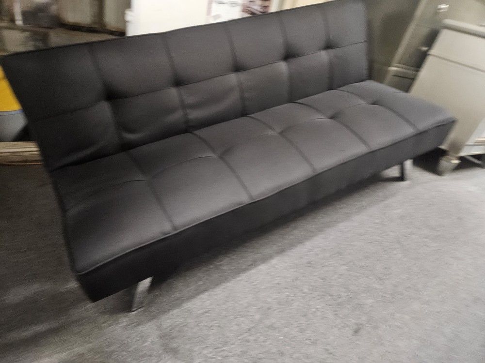 Brand New Black Faux Leather Sofa Futon (Up: 66" x 32" x 30" H; Flat: 66" x 37" x 16" H)