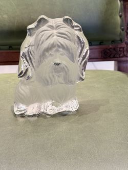 Viking Yorkshire Terrier Yorkie Frosted Clear Glass Dog Paperweight ~ Vintage
